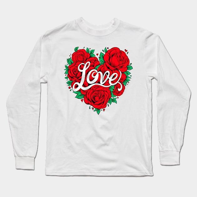 Love hand lettering with red roses in heart shape Long Sleeve T-Shirt by ilhnklv